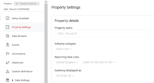 Google Analytics property setting
