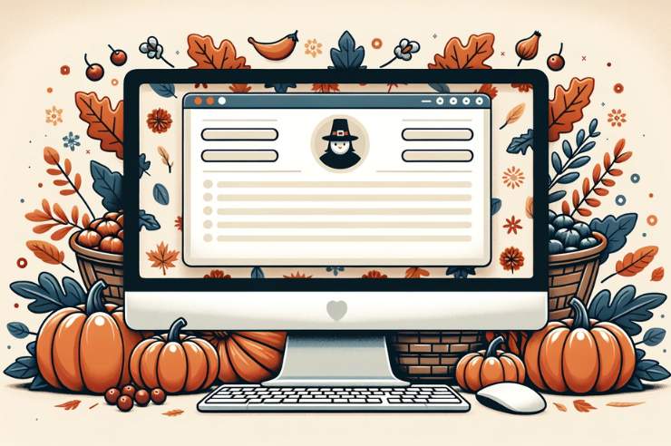 Thanksgiving email template being displayed on a computer monitor surrounded by fall symbols