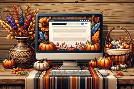 A Thanksgiving email template on a computer screen surrounded by pumpkins