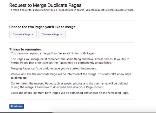 how to request to merge duplicate facebook pages