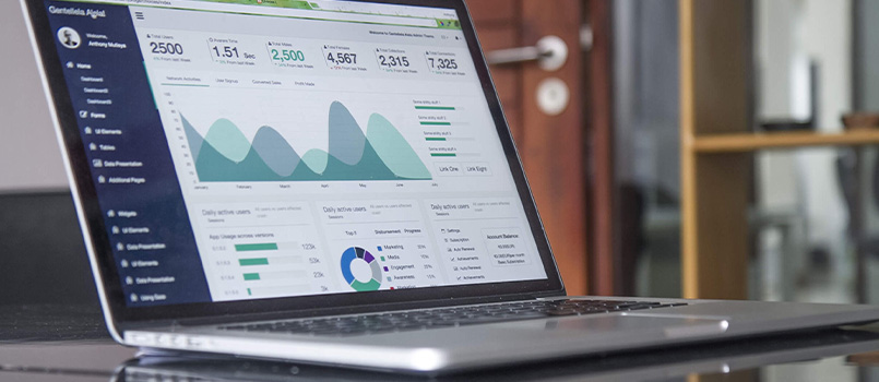 A laptop displays analytics results for a recent social media campaign.