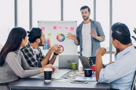 company in meeting discussing importance of branding with whiteboard and color wheels