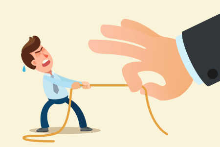 Graphic of small person and giant hand playing tug of war