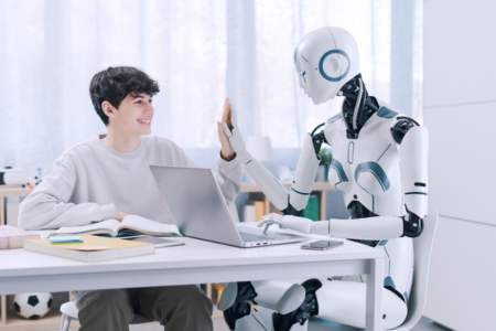 AI robot and human sitting and working together on web development