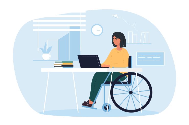 Person in wheelchair using a laptop in a home office