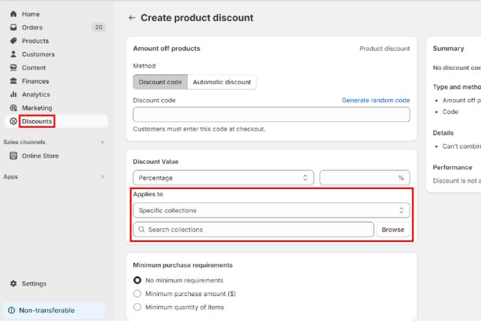 Captura de pantalla del panel de Shopify que muestra cómo agregar una colección automatizada a un descuento en Shopify.