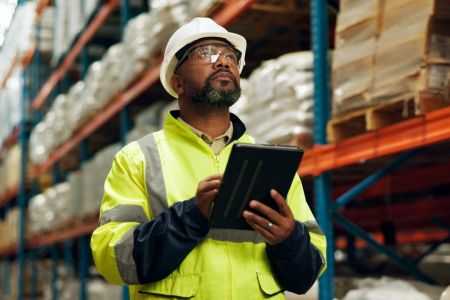 Man in a warehouse with computer tablet.