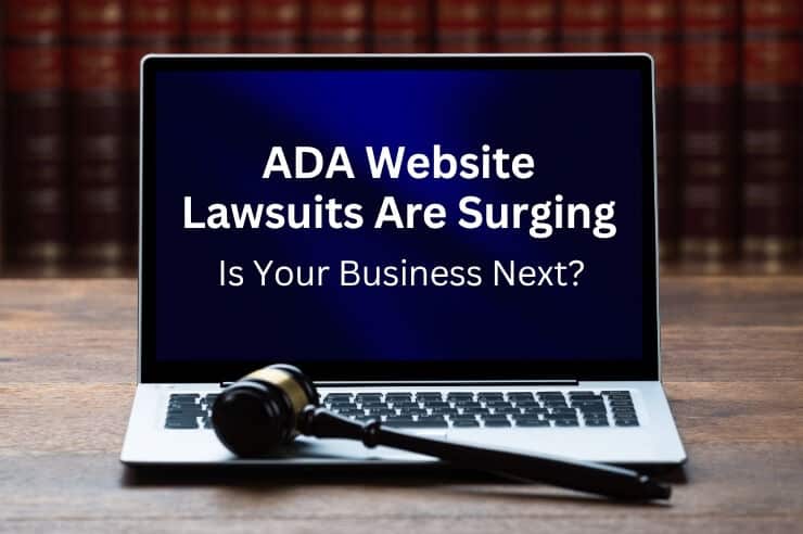 Open laptop with screen showing text about surging ADA website lawsuits