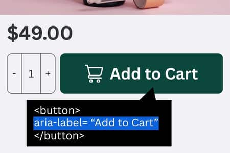 Website inspection tool showing no aria label on a button