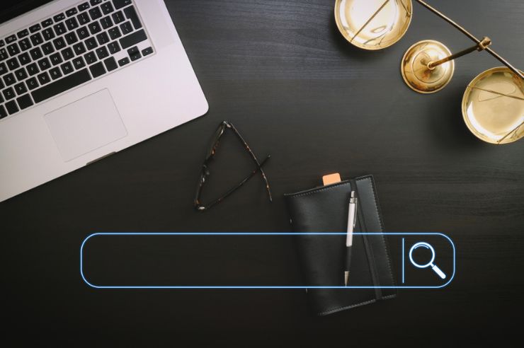 Lawyer desk with browser search bar visualization.