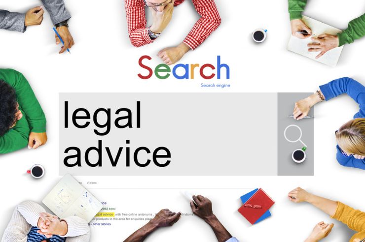 Search bar visualization with legal advice text.