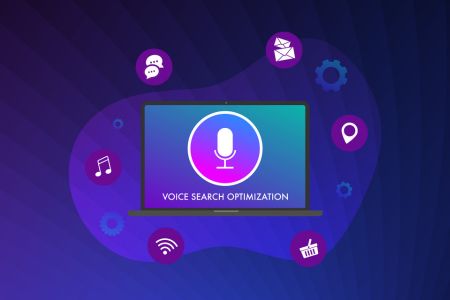 Visualization of a computer with voice search optimization text on the screen.