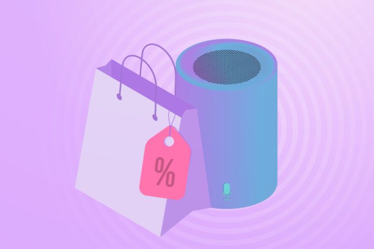 Voice assistant next to a shopping bag.