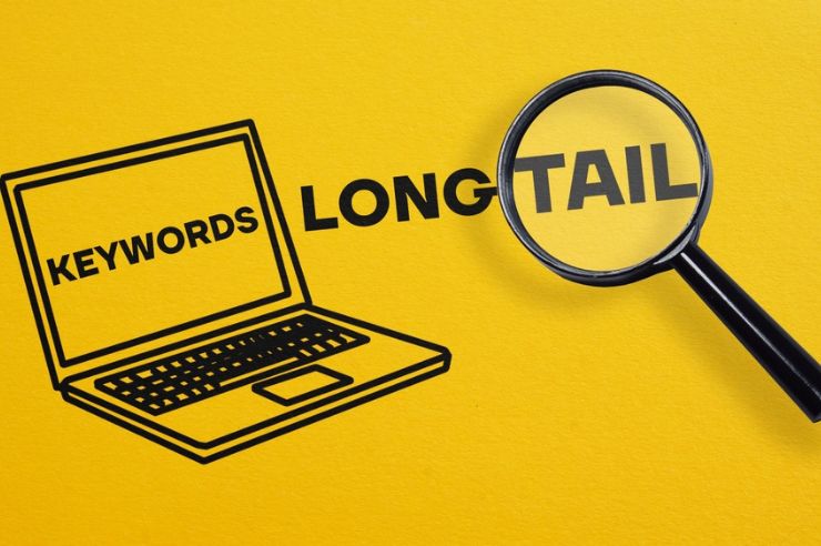 Drawing of a computer with keywords and longtail text.