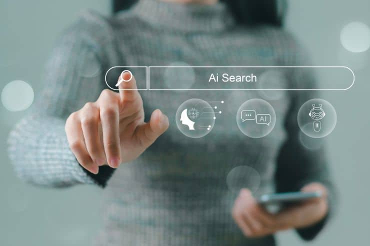 woman touching AI search on screen
