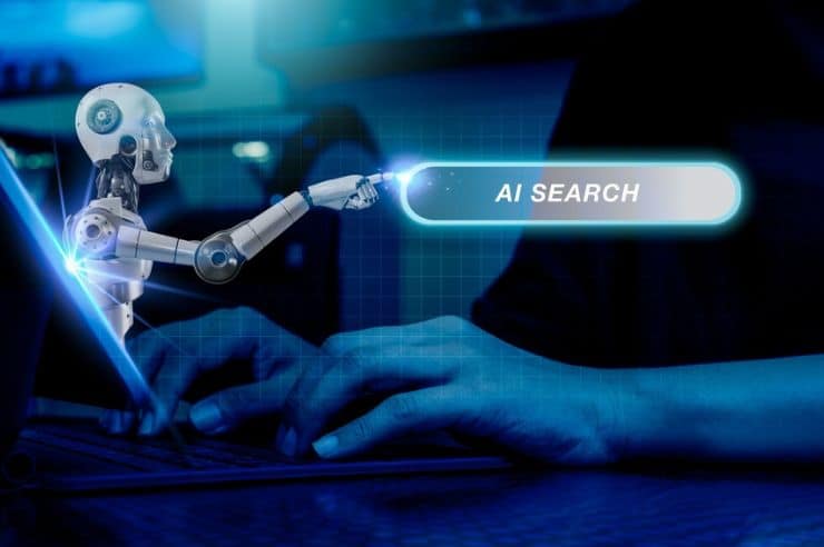 robot coming out of computer screen with ai search text