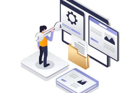Concepto de ilustración isométrica plana. Instalar complementos en plantillas de WordPress y aplicación web 