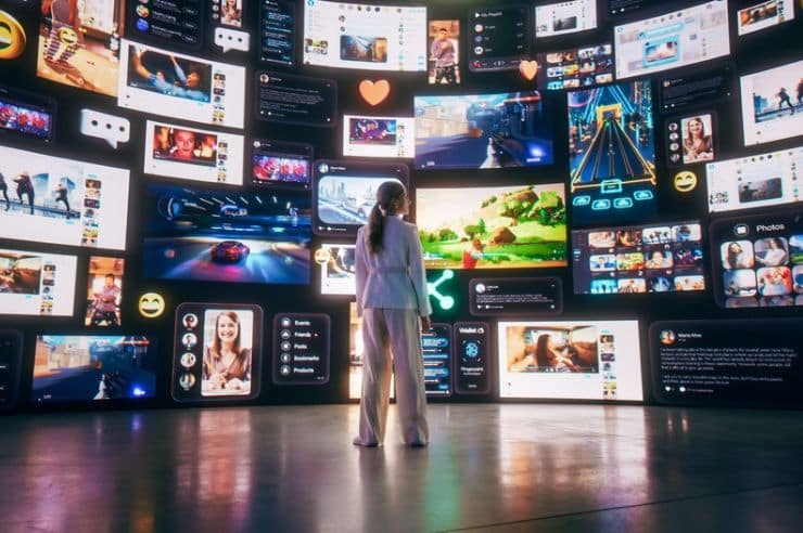 Businesswoman watching multiple images and videos