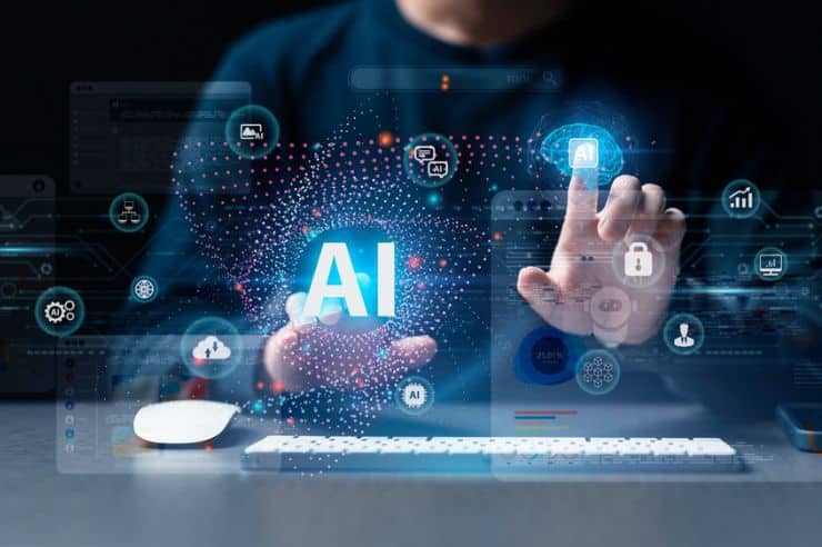 Person at computer with AI tools visualization