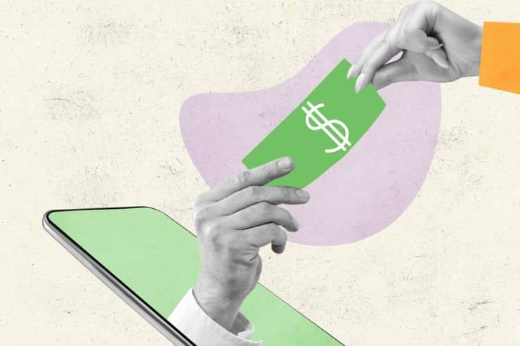 illustration of arm coming out of mobile phone grabbing money from another hand