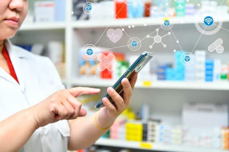 healthcare professional using mobile health technology.