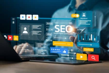 SEO dashboard and search optimization data displayed on laptop interface