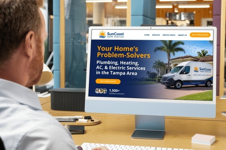 business owner reviewing home services website on desktop