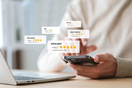 women looking at home services reviews on phone