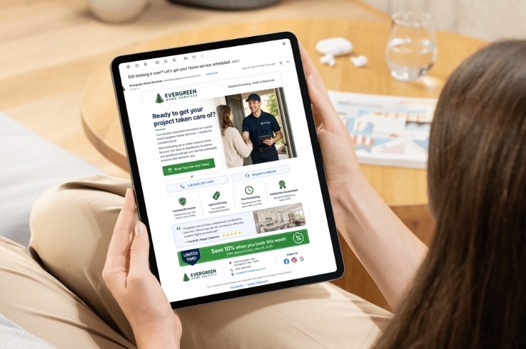woman reading home services email on her iPad
