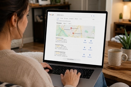 women looking for home services google my business pages on laptop