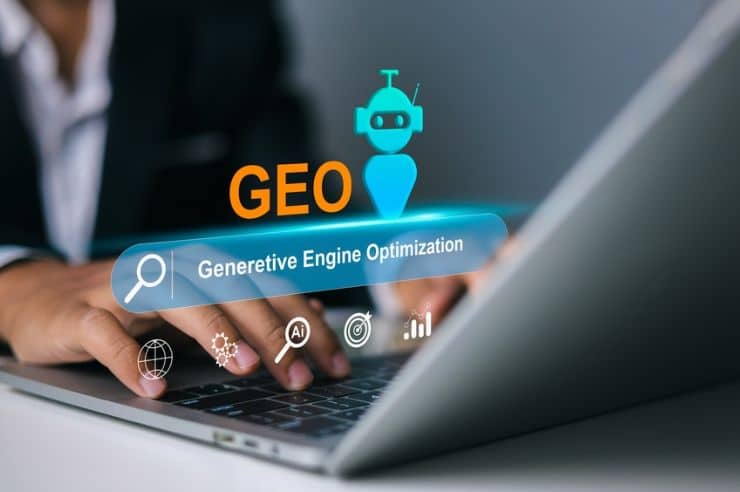 business professional researching generative engine optimization on a laptop.