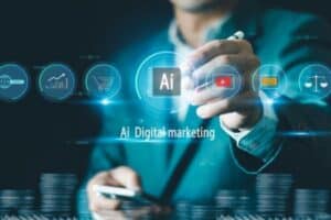 business professional using AI-powered digital marketing tools and analytics.