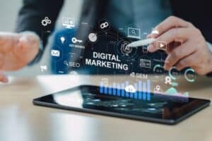digital marketing dashboard displaying SEO analytics, AI, and online campaigns.