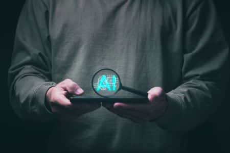 person using a mobile device while viewing an AI-powered search and content discovery interface.