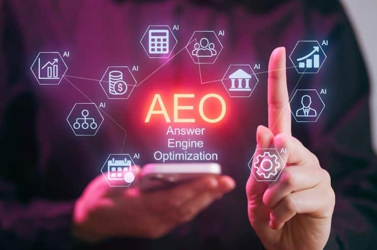 answer engine optimization aeo interface on smartphone with artificial intelligence icons