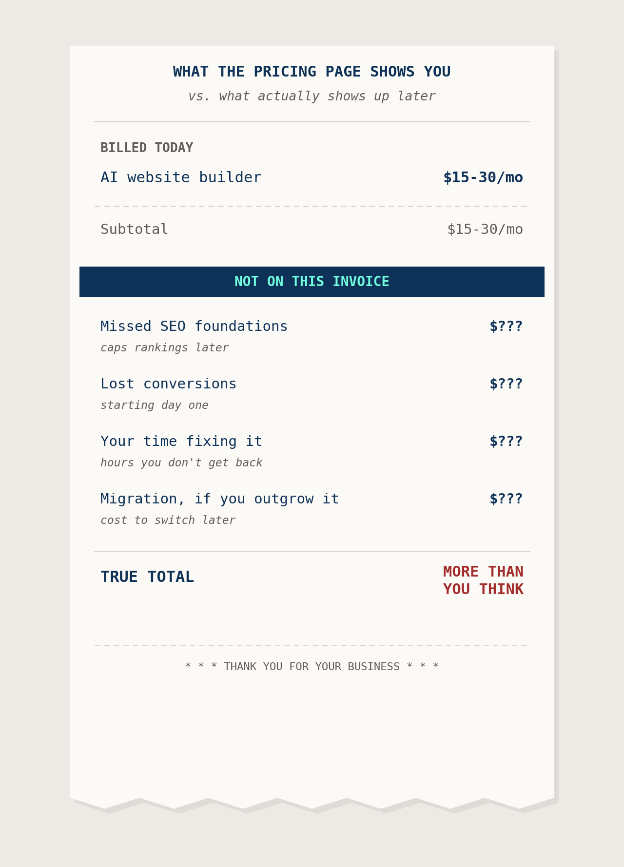 Receipt illustrating hidden costs of an AI website builder
