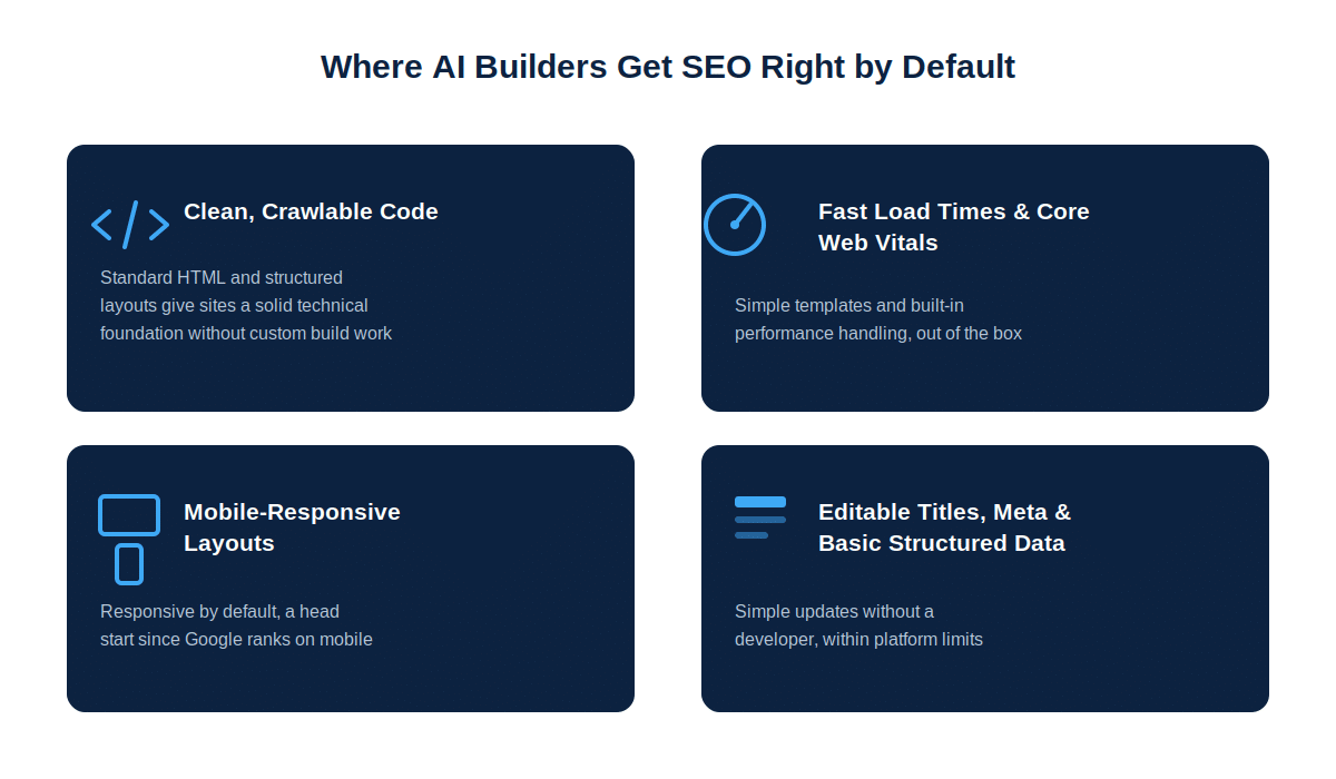 graphic depicting what makes AI website builders SEO-friendly by default