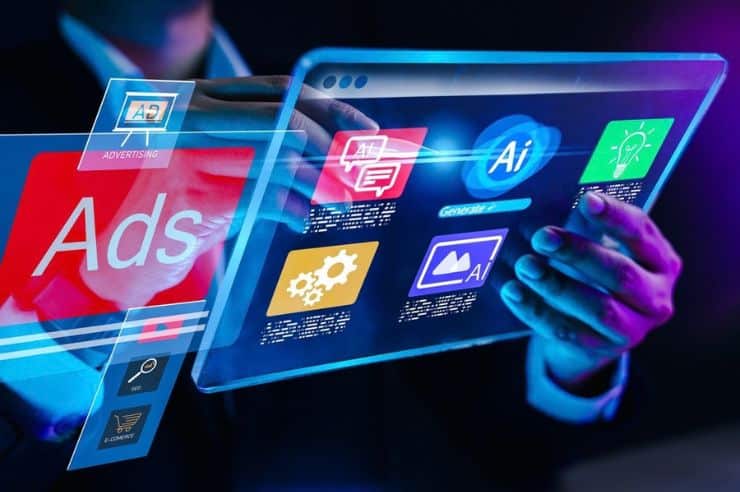 AI advertising dashboard with digital ad tools and ChatGPT Ads concept.
