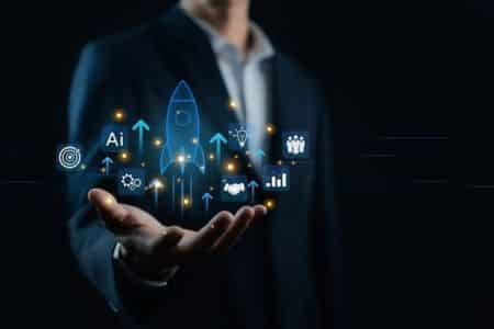 Business growth concept with AI, marketing analytics, and digital advertising icons.
